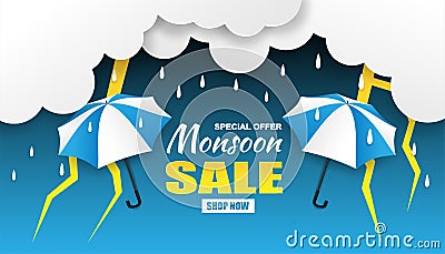 Monsoon season sale. design with raining drops,thunder, umbrella and clouds on blue background. Vector Illustration
