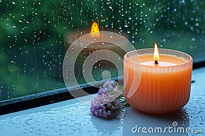 Monsoon serenity flame burning aroma candle by rain streaked window Stock Photo