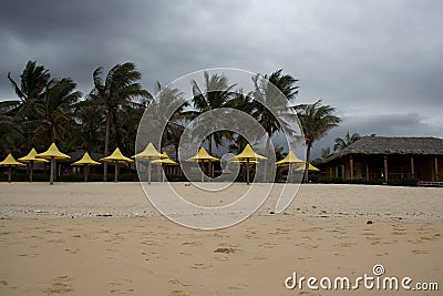 Monsoon storm tempest on the beach with palms and umbrellas. Stock Photo