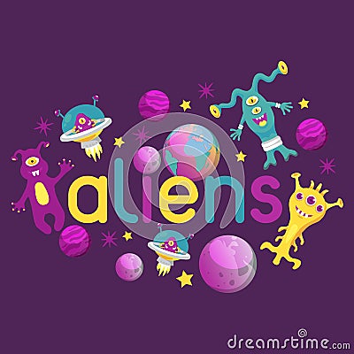 Monster alien poster, banner vector illustration. Cartoon monstrous character, cute alienated creature or funny gremlin Vector Illustration