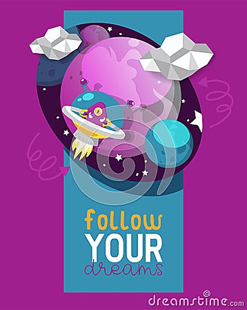 Monster alien poster, banner vector illustration. Cartoon monstrous character, cute alienated creature or funny gremlin Vector Illustration