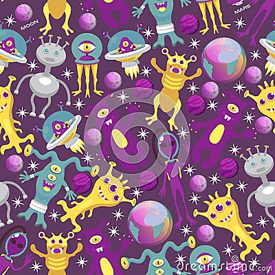 Monster alien seamless pattern vector illustration. Cartoon monstrous character, cute alienated creature or funny Vector Illustration