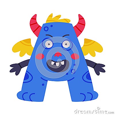 Monster Alphabet with Blue Capital Letter A with Horn and Wings Vector Illustration Vector Illustration