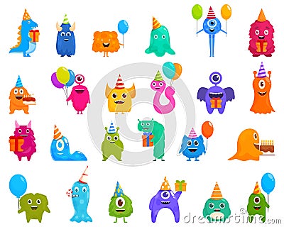 Monster birthday party icons set cartoon vector. Cupcake balloon Vector Illustration