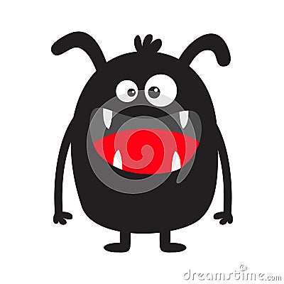 Monster black silhouette. Cute cartoon kawaii scary funny character. Baby collection. Crazy eyes, fang tooth tongue, hands. Happy Vector Illustration