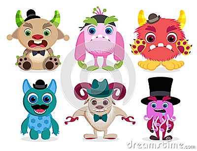 Monster characters vector set. Cute and colorful cartoon monster beast creatures Vector Illustration