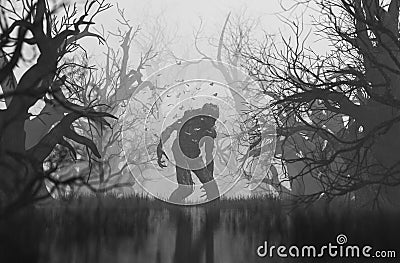 Monster in creepy forest Cartoon Illustration