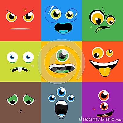 Monster faces vector icons set in flat style Vector Illustration