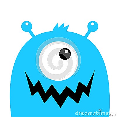 Monster head blue silhouette. One eye, teeth fang mouth, horns. Cute kawaii cartoon funny character. Happy Halloween. Baby kids Vector Illustration