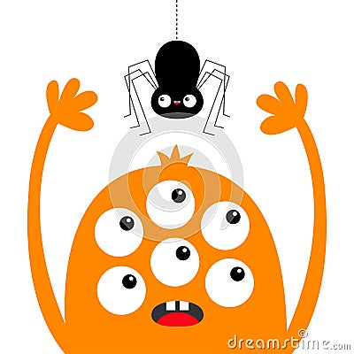 Monster head orange silhouette. Six eyes, teeth, tongue, hands up. Hanging spider. Cute kawaii cartoon funny character. Baby kids Vector Illustration