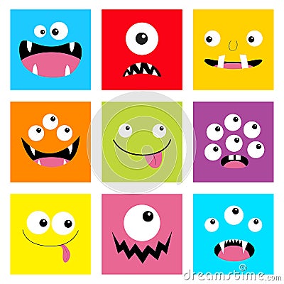 Monster head set. Square head. Boo Spooky Screaming smiling sad face emotion. Three eyes, tongue, teeth fang, mouse.Happy Vector Illustration