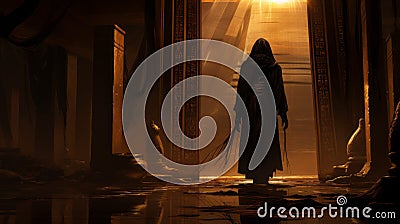 Mysterious Ancient Egypt: Dark Hooded Figure In Dusty Room Stock Photo
