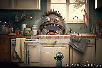 The monster in the kitchen with dirty plates, created with Generative AI technology Stock Photo