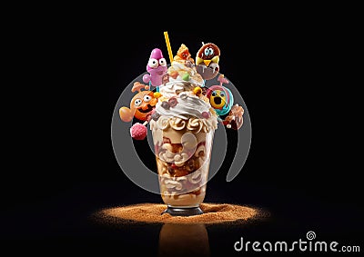 Monster milkshake shake with candies and chocolate,cookies and high calories sweets for kids birthday party.Macro.AI Generative Stock Photo