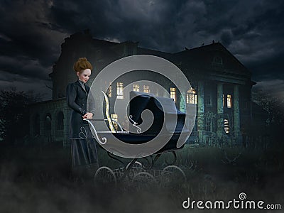Monster Mother, Child, Baby, Haunted Mansion Stock Photo