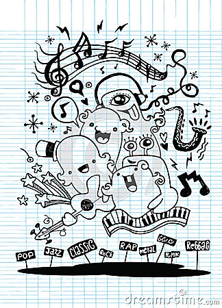 Monster music band playing music. hand drawn style Vector Illustration
