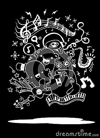 Monster music band playing music. hand drawn style Vector Illustration