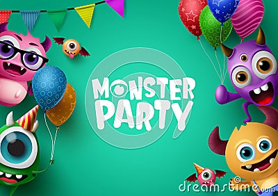 Monster party background template with vector characters. Monster party text in empty space for message. Vector Illustration