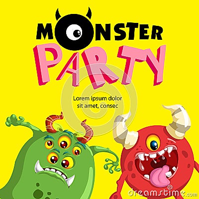 Monster Party banner design template. Cute cartoon monster mascots. Vector Illustration