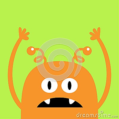 Monster scary face head icon. Happy Halloween. Eyes, fang tooth, hands up. Cute cartoon boo spooky character. Orange silhouette. Vector Illustration