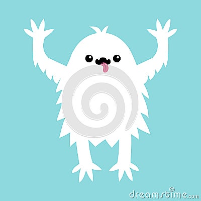 Monster screaming spooky fluffy silhouette. Yeti bigfoot fur. Eyes, tongue, teeth, hands up. White Funny Cute cartoon kawaii baby Vector Illustration