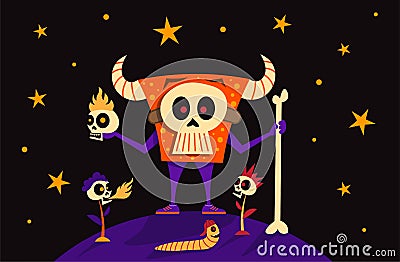 Monster Skeleton Mask, skull head flowers fire and funny worm with baseball cap. Happy Halloween Banner Holiday Concept Vector Ill Vector Illustration