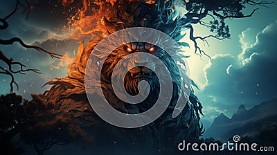 A monster with a tree and the word fire on it Stock Photo