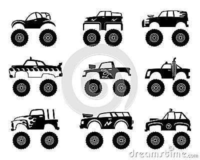 Monster truck automobile. Big tires and wheels off road cartoon car toy for kids vector monochrome black illustrations Vector Illustration