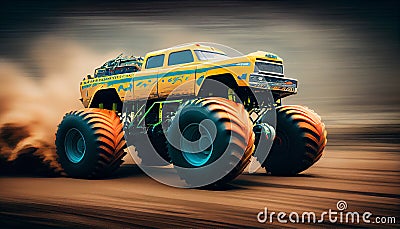 Monster truck covered in mud. Racing event in mud. Large tires on a pickup truck coming out of a hole Stock Photo