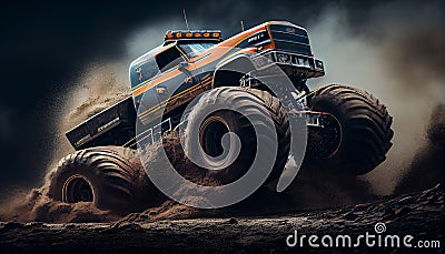 Monster truck covered in mud. Racing event in mud. Large tires on a pickup truck coming out of a hole Stock Photo