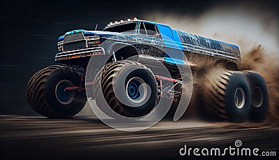 Monster truck covered in mud. Racing event in mud. Large tires on a pickup truck coming out of a hole Stock Photo