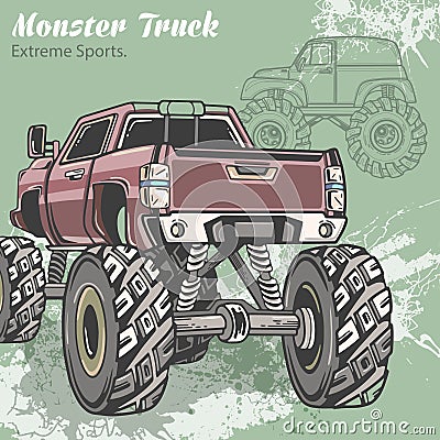 Monster Truck on the sport background with splashes and sketch. Retro vector illustration. Extreme Sports. Adventure Vector Illustration