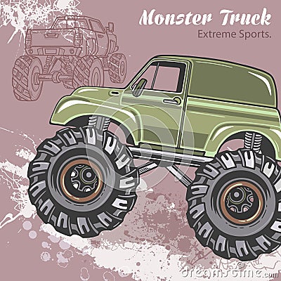 Monster Truck on the sport background with splashes and sketch. Retro vector illustration. Extreme Sports. Adventure Vector Illustration