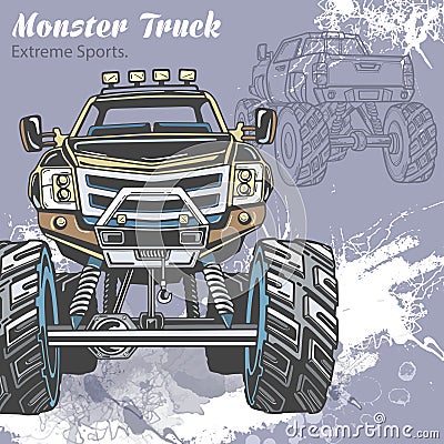 Monster Truck on the sport background with splashes and sketch. Retro vector illustration. Extreme Sports. Adventure Vector Illustration