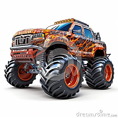 Realistic Orange Monster Truck With Flaming Hood Stock Photo