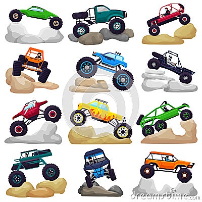 Monster truck vector cartoon vehicle or car and extreme transport crawling in rocks illustration set of heavy rocky Vector Illustration