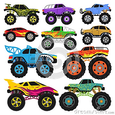 Monster truck vector cartoon vehicle or car and extreme transport illustration set of heavy monstertruck with large Vector Illustration