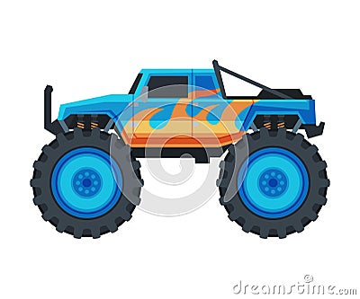 Monster Truck Vehicle, Heavy Blue Pickup Car with Large Tires Vector Illustration Vector Illustration