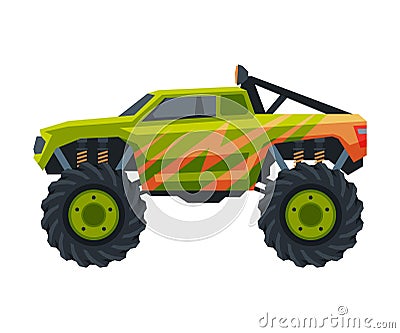 Monster Truck Vehicle, Heavy Green Pickup Car with Large Tires Vector Illustration Vector Illustration