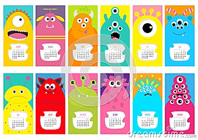 Monster vertical monthly calendar 2017. Cute funny cartoon character set. All month. Flat design Vector Illustration