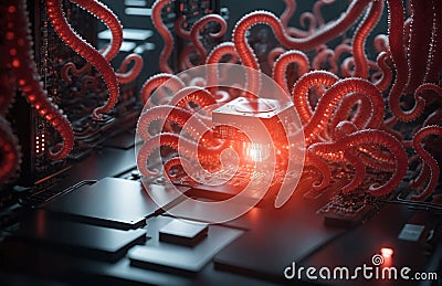 Monster virus on a computer circuit board. 3d rendering Stock Photo