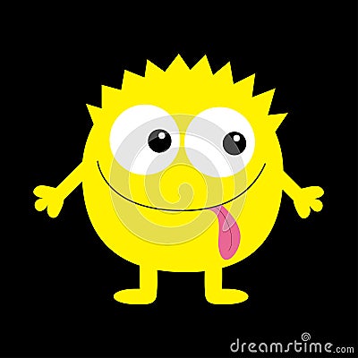 Monster yellow round silhouette. Two eyes, tongue, hands. Cute cartoon kawaii scary funny character. Baby collection. Happy Vector Illustration