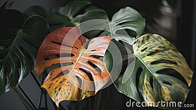 Monstera delicosa multicolored leaves textured background. ai generative. Stock Photo