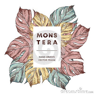 Monstera design hand drawn frame vector template Vector Illustration