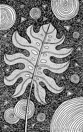 Monstera - flower illustration. Black and white ink floral drawing. Coloring book for adults. Line art. Vector artwork Vector Illustration