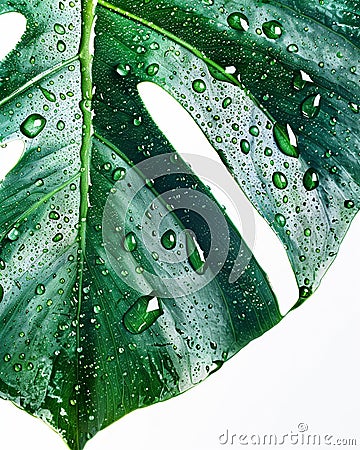 Monstera leaf, dew drops detail, crisp white backdrop, soft shadow , no grunge Stock Photo