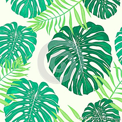 Monstera leaves seamless pattern. Vector tropical botanical illustration. Cartoon Illustration