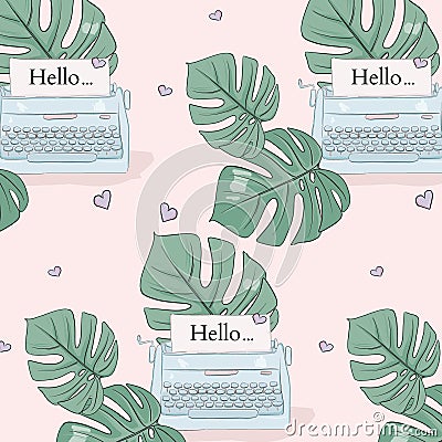Monstera leaves and typewrite illustration pattern. Vector tropical summer decoration. Cute girly fashion art, t-shirt Vector Illustration