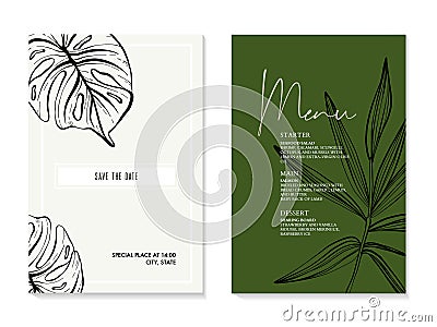 Monstera, palm leaves sketch, tropical jungle card template set in vector. Rustic design, weding card , invitation vertical Vector Illustration