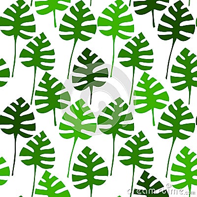 Monstera plant green leaves on white seamless pattern, vector Vector Illustration